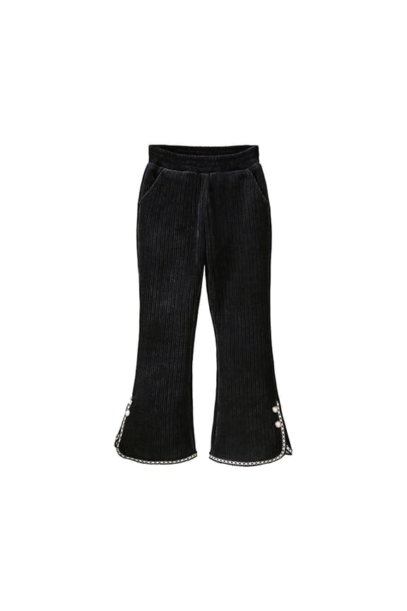 Flare Pants for Girls Solid Color Side Hem Split Corduroy Pants Elastic Waist Pants with Pockets