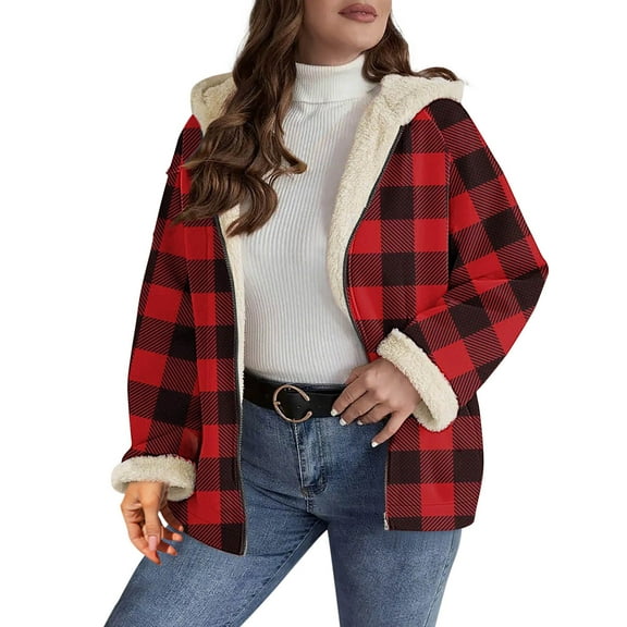 Diufon Fleece Jackets for Women Oversized Plaid Long Sleeve Hooded Jacket Fall Winter Casual Warm Outwear