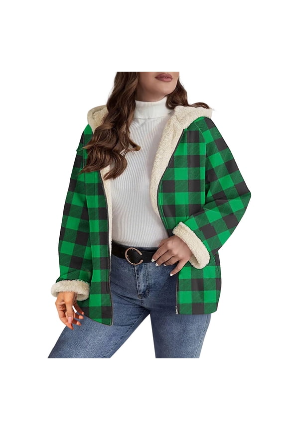 Fleece Jackets for Women Oversized Plaid Long Sleeve Hooded Jacket Fall Winter Casual Warm Outwear