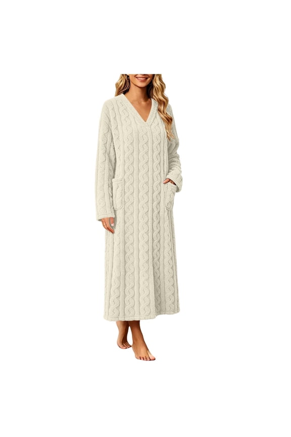Fleece Nightgown for Women Long Sleeve Plush Cozy Warm Nightdress Fall Winter Pullover Sleepdress with Pockets