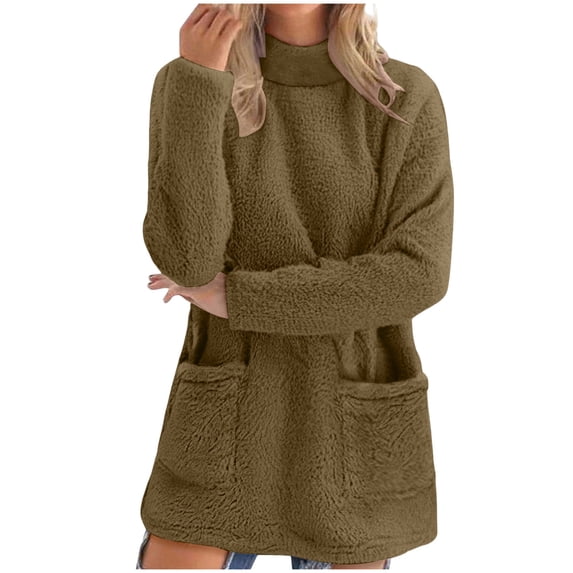 Diufon Fleece Sweatshirts for Women Long Sleeve Turtle Neck Soft Sweatshirt Solid Color Fuzzy Sweater with Pockets