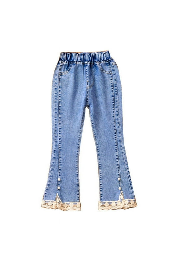 Flare Pants for Girls Elastic Waist Denim Pants Trendy Lace Patchwork Hem Split Jean Pants
