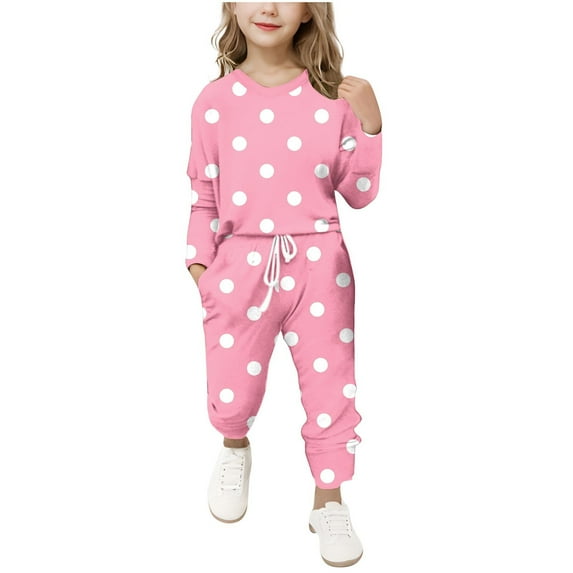 Diufon Girls Athletic Outfits 2 Piece Clothes Polka Dot Printed Long Sleeve Top and Casual Pants Sets Activewear