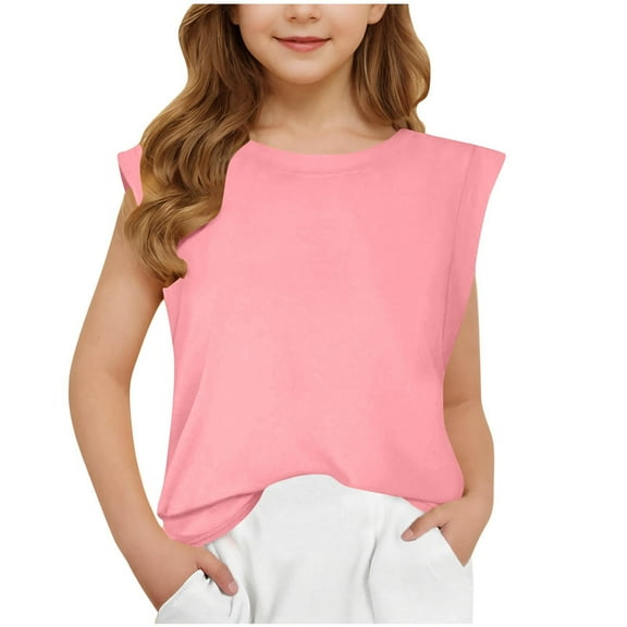 Diufon Girls Cap Sleeve Summer Tops Casual Crewneck Loose Tshirts Solid Color Tunic Cute Shirts for Kids