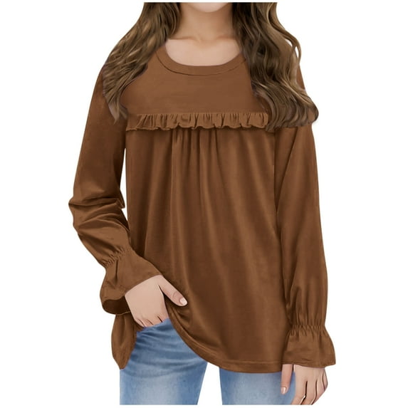 Diufon Girls Casual Long Sleeve Shirts Cute Ruffle Crewneck Tops Kids Spring Fall Solid Color Soft Blouses