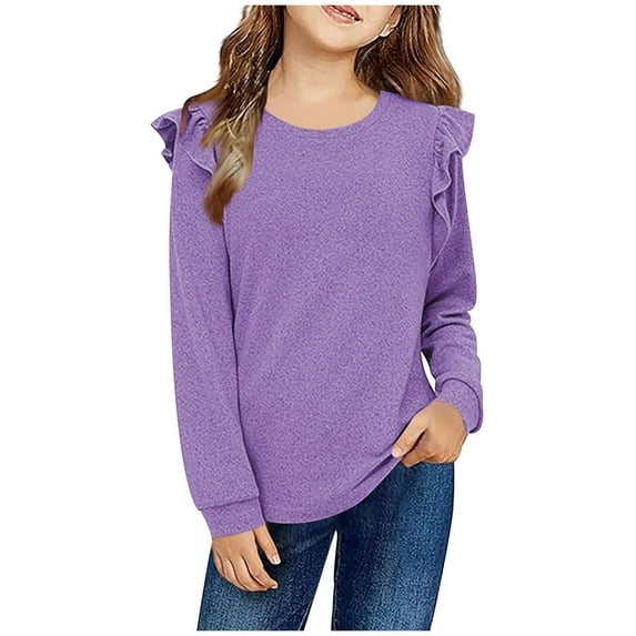 Diufon Girls Casual Long Sleeve Shirts Loose Ruffle Sleeves Pullover Crewneck Tops Spring Fall Soft Blouses