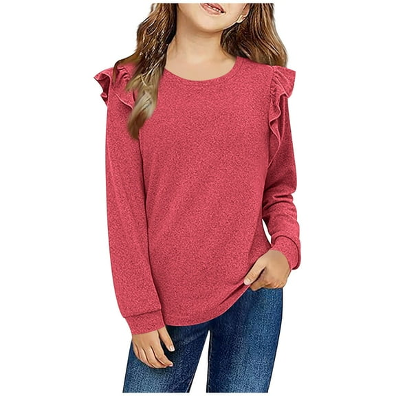 Diufon Girls Casual Long Sleeve Shirts Loose Ruffle Sleeves Pullover Crewneck Tops Spring Fall Soft Blouses