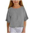 thumbnail image 1 of Diufon Girls Cotton Linen Tops Casual Loose 3/4 Sleeve Crewneck Shirts Summer Ruffled Hem Blouse, 1 of 9