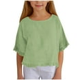 thumbnail image 1 of Diufon Girls Cotton Linen Tops Casual Loose 3/4 Sleeve Crewneck Shirts Summer Ruffled Hem Blouse, 1 of 9