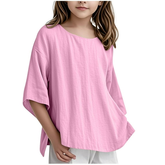 Diufon Girls Cotton Linen Tops Casual Loose 3/4 Sleeve Pullover Crewneck Shirts Summer Solid Color Blouse
