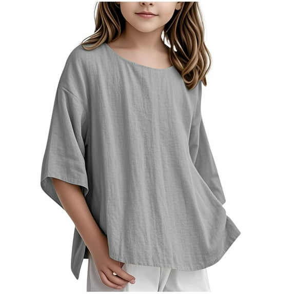 Diufon Girls Cotton Linen Tops Casual Loose 3/4 Sleeve Pullover Crewneck Shirts Summer Solid Color Blouse