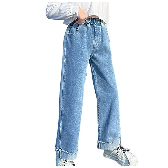 Diufon Girls Denim Pants Elastic Waist Pants with Pockets Solid Color Frayed Hem Trousers