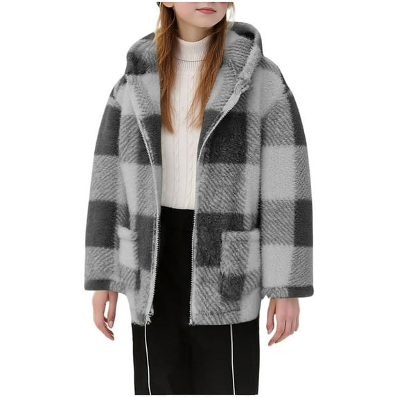 Diufon Girls Fall Jacket Toddler Winter Warm Plush Coats Zip Up Plaid Jackets Boys Girls Fleece Hooded Outwear