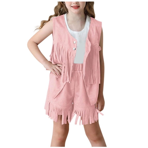 Diufon Girls Fringe Vest Crop Jacket Outfit Casual Sleeveless Open Front Cardigan and Tassel Shorts Sets