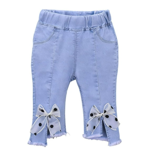 Diufon Girls Jeans Elastic Waist Toddler Comfortable Flare Denim Pants Solid Color Cute Bow Pant with Pockets