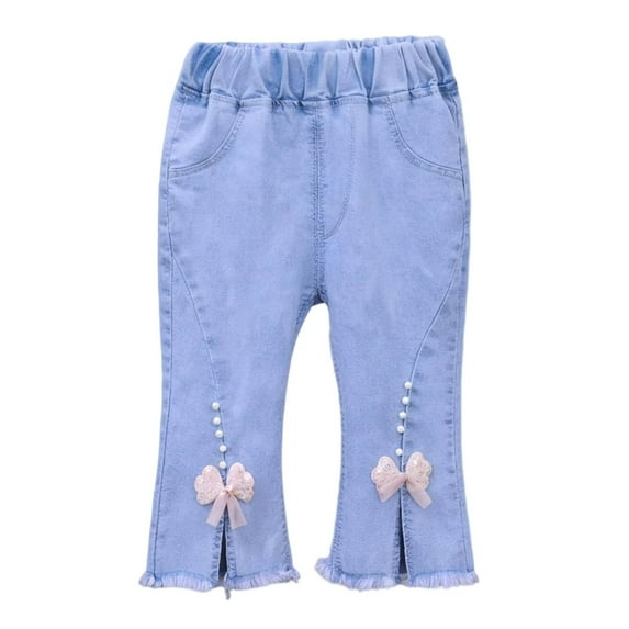 Diufon Girls Jeans Elastic Waist Toddler Comfortable Flare Denim Pants Solid Color Cute Bow Pant with Pockets