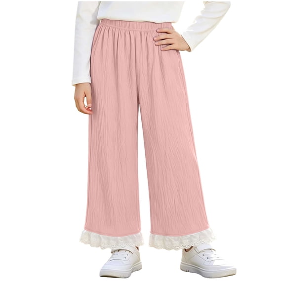 Diufon Wide Leg Pants for Girls Cute Lace Trim High Waisted Loose Pant Kids Boho Knitted Cotton Soft Comfy Trousers