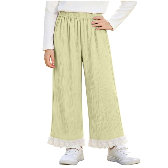 Diufon Pants for Girls Cute Lace Trim High Waisted Wide Leg Loose Pant Kids Knitted Cotton Trousers Fall Fashion Clothes