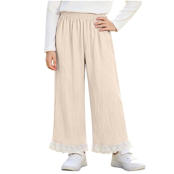 Diufon Pants for Girls Cute Lace Trim High Waisted Wide Leg Loose Pant Kids Knitted Cotton Trousers Fall Fashion Clothes