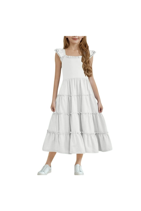 Girls Maxi Dress Summer Casual Cap Sleeve A Line Sundress Ruffle Hem Flowy Dress for Tween 3-13 Years