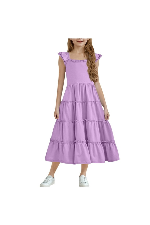 Girls Maxi Dress Summer Casual Cap Sleeve A Line Sundress Ruffle Hem Flowy Dress for Tween 3-13 Years