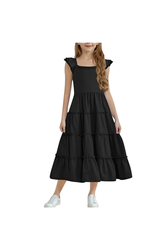 Girls Maxi Dress Summer Casual Cap Sleeve A Line Sundress Ruffle Hem Flowy Dress for Tween 3-13 Years