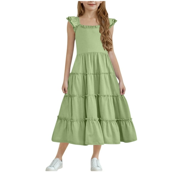 Diufon Girls Maxi Dress Summer Casual Cap Sleeve A Line Sundress Ruffle Hem Flowy Dress for Tween 3-13 Years