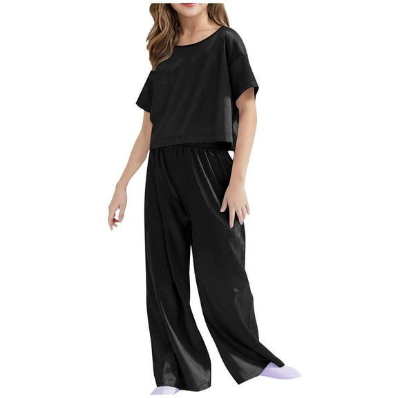 Diufon Girls Pajama Sets Casual Short Sleeve Crewneck Tops and Elastic Wide Leg Pants Stain Homewear Set