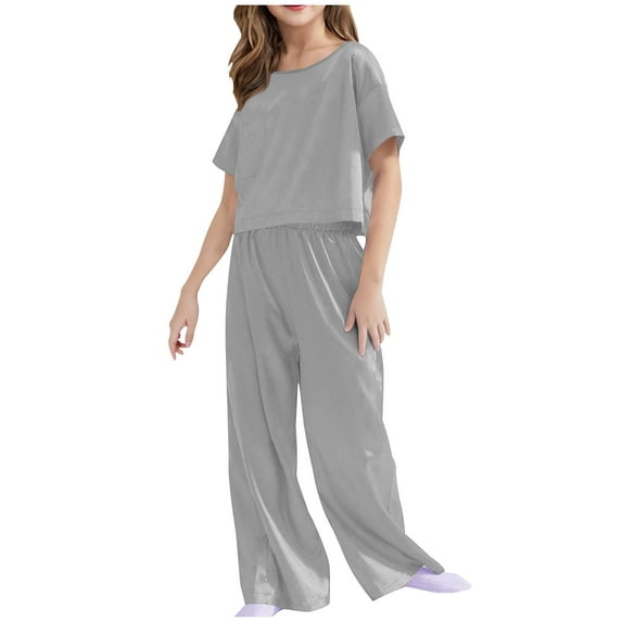 Diufon Girls Pajama Sets Casual Short Sleeve Crewneck Tops and Elastic Wide Leg Pants Stain Homewear Set