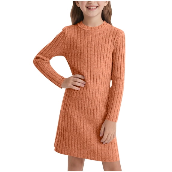 Diufon Girls Long Sleeve Dress Fall Winter Ribbed Knit Slim Crewneck A-line Dresses Casual Dress for 8-12 Years