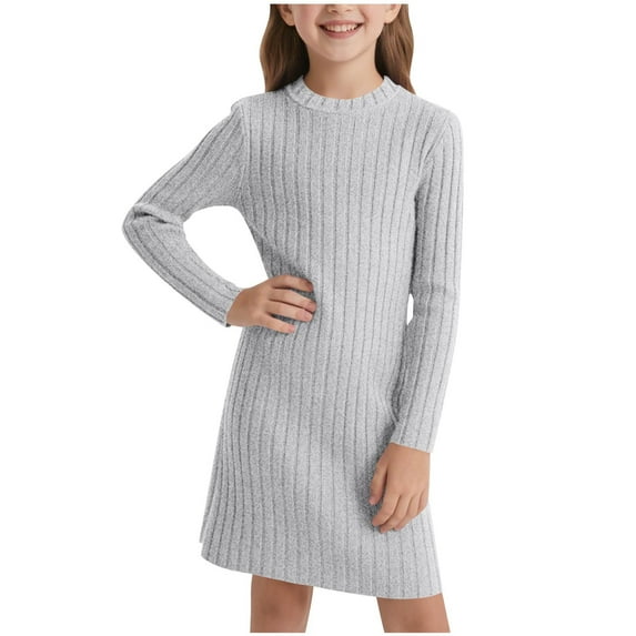 Diufon Girls Long Sleeve Dress Fall Winter Ribbed Knit Slim Crewneck A-line Dresses Casual Dress for 8-12 Years