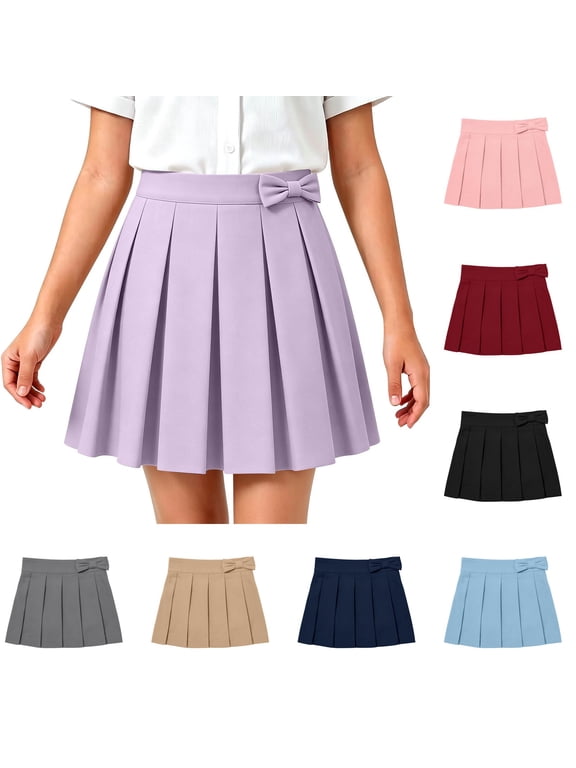 Girls Uniform Skirts Kids High Waist A-line School Skirts Cotton Pleated Bowknot Mini Skorts for Dance