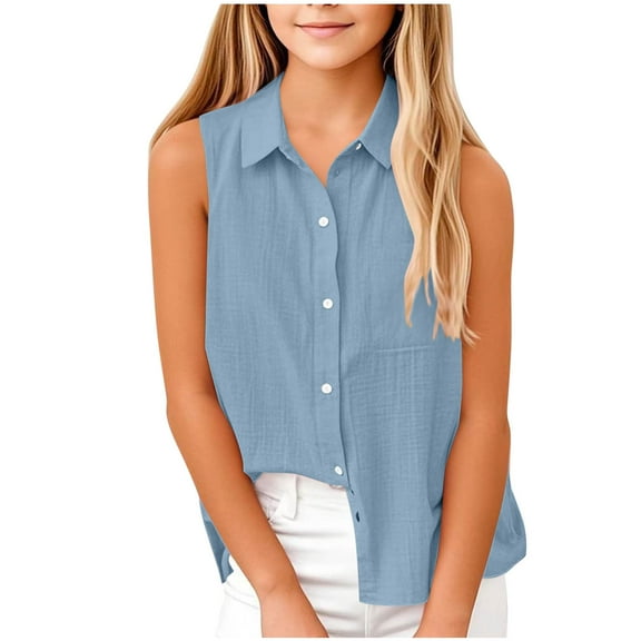 Diufon Girls Sleeveless Shirts Summer Casual Cotton Linen Lapel Button Down Shirt Loose Solid Color Jackets