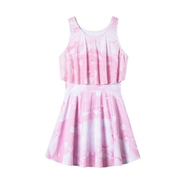 Diufon Girls Sleeveless Swimsuit Summer Crewneck Tank Dress for Swim Outdoor Beach Trendy Printed Bathing Suit