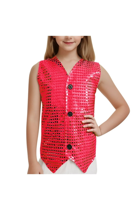 Girls Sparkly Jackets Sleeveless Button Down Plaid Glitte Party Vest Tendy Performance Dance Coat for Teen