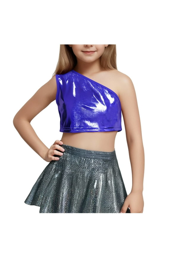 Girls Sparkly Tank Crop Tops Sleeveless Single Shoulder Glitter Party Tops Performance Dance Vests for Teen