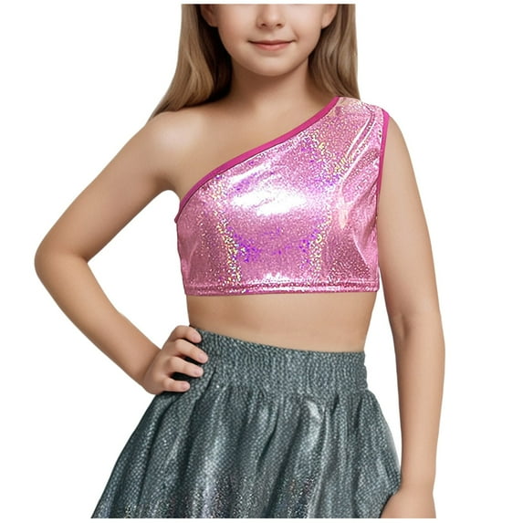 Diufon Girls Sparkly Tops Sleeveless Single Shoulder Glitter Party Crop Tops Performance Dance Vests for Teen