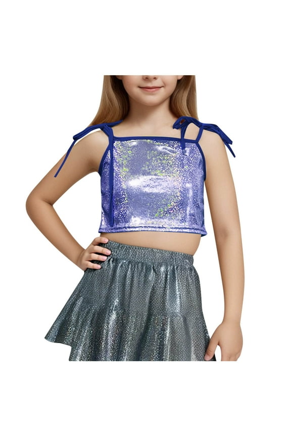 Girls Sparkly Tops Trendy Bow Tie Strap Glitter Party Crop Tops Performance Dance Vests for Teen