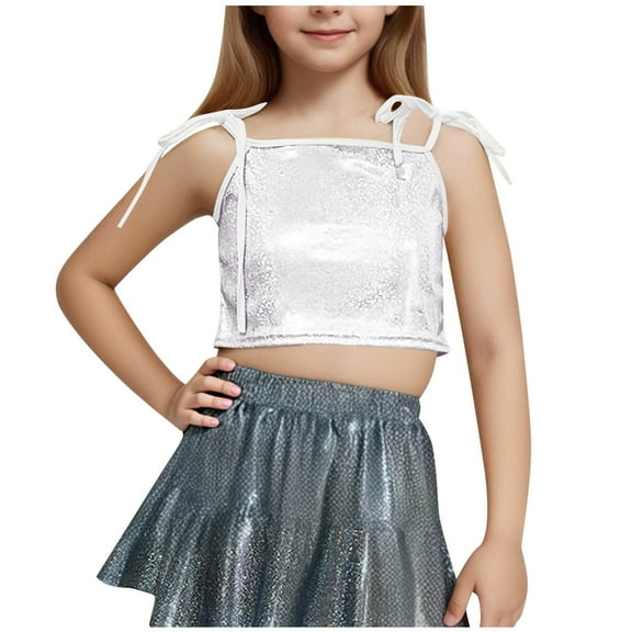 Diufon Girls Sparkly Tops Trendy Bow Tie Strap Glitter Party Crop Tops Performance Dance Vests for Teen