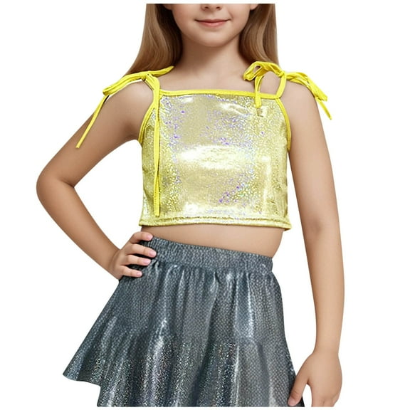 Diufon Girls Sparkly Tops Trendy Bow Tie Strap Glitter Party Crop Tops Performance Dance Vests for Teen