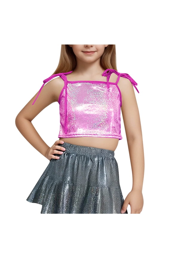 Girls Sparkly Tops Trendy Bow Tie Strap Glitter Party Crop Tops Performance Dance Vests for Teen