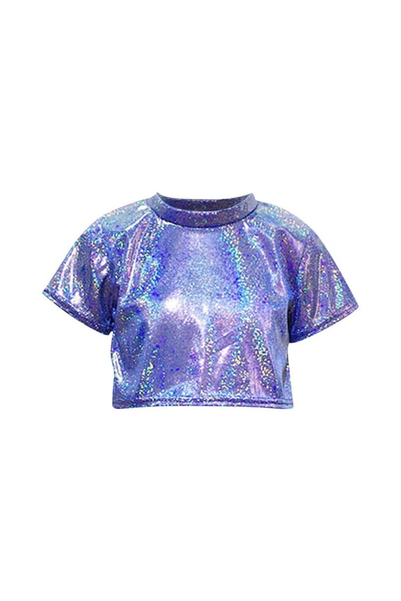 Girls Sparkly Tops Trendy Short Sleeve Glitter Party Crop Tops Performance Dance T-shirts for Teen Girl