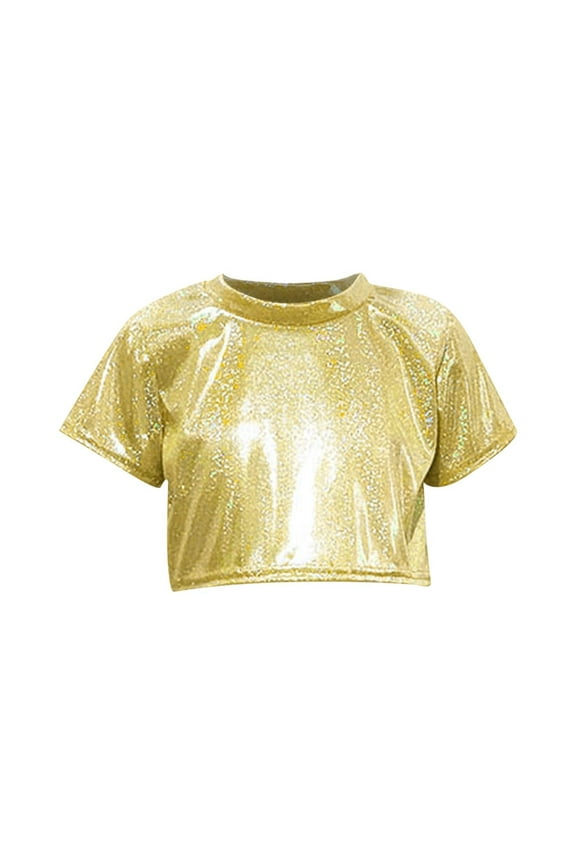Girls Sparkly Tops Trendy Short Sleeve Glitter Party Crop Tops Performance Dance T-shirts for Teen Girl