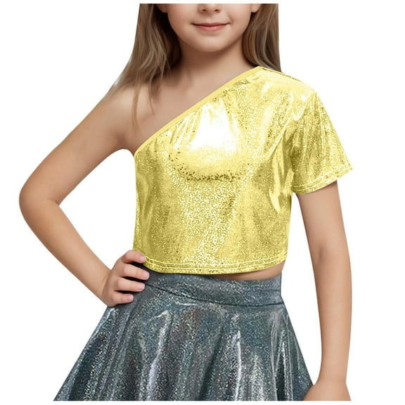Diufon Girls Sparkly Tops Trendy Single Shoulder Glitter Party Crop Tops Performance Dance Shirt for Teen Girl