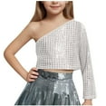 thumbnail image 1 of Diufon Girls Sparkly Tops Trendy Single Shoulder Plaid Glitter Party Crop Tops Performance Dance Shirt for Teen, 1 of 4