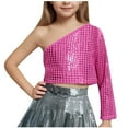 thumbnail image 1 of Diufon Girls Sparkly Tops Trendy Single Shoulder Plaid Glitter Party Crop Tops Performance Dance Shirt for Teen, 1 of 4