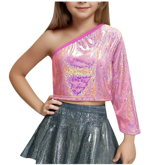 Diufon Girls Sparkly Tops Trendy Single Shoulder Plaid Sequins Party Crop Tops Performance Dance Shirt for Teen