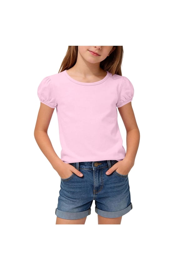 Girls T Shirts Kids Puff-Sleeve Summer Soft Cotton Tops Casual Short Sleeved Crewneck Basic Tee Tops