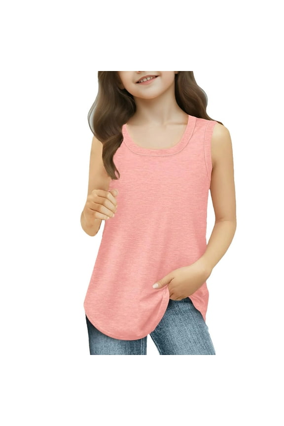 Girls Tank Tops Kids Summer Crewneck Sleeveless Shirts Casual Sport Dance Yoga Vest Shirts 3-14 Years