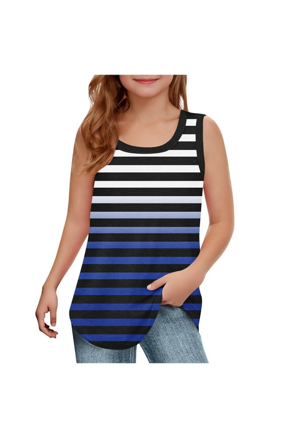 Girls Tank Tops Summer Striped Color Block Sleeveless Vest Shirts Soft Casual Crewneck Undershirts